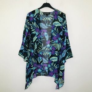 Colleen Lopez Womens Small Jacket Black Blue Floral Chiffon Open Kimono NWOT AL6